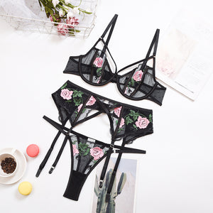 New Women Embroidered Lace Underwear Set Underwire Gathered Bra Sexy Garters Mesh See-through Thong Sexy Lingerie 3PCS Set