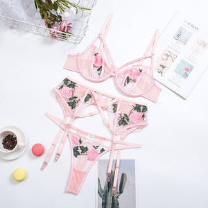 New Women Embroidered Lace Underwear Set Underwire Gathered Bra Sexy Garters Mesh See-through Thong Sexy Lingerie 3PCS Set