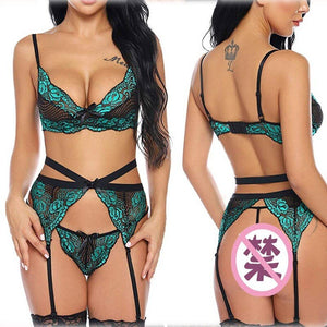 New Women's Fashion Sexy Hollow Lace Sexy Ultra-Thin Women's Three-Piece Suit Plus Size Lingere  Exotic Lingerie  Lace Lingerie