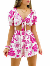 Load image into Gallery viewer, New Women&#39;s Lace-up Bubble Sleeve Short Sleeve Printing Suit Shorts Two-piece V-neck Blouse Women Sweat Suit Set Female set