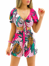 Load image into Gallery viewer, New Women&#39;s Lace-up Bubble Sleeve Short Sleeve Printing Suit Shorts Two-piece V-neck Blouse Women Sweat Suit Set Female set