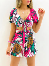 Load image into Gallery viewer, New Women&#39;s Lace-up Bubble Sleeve Short Sleeve Printing Suit Shorts Two-piece V-neck Blouse Women Sweat Suit Set Female set