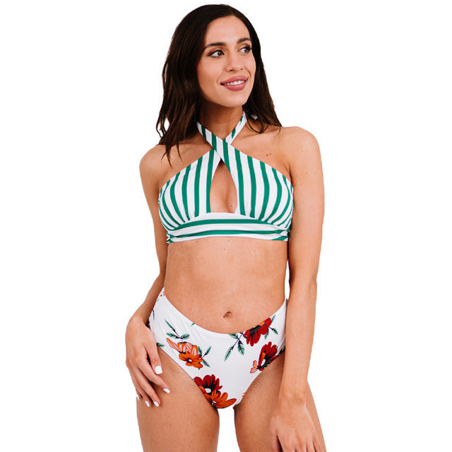 New Women Sexy Swimsuit Stripe Print Split Swimwear Cross Neck Hollow-out Backless Girls Bikini Two Piece Thong Bathing Trunks