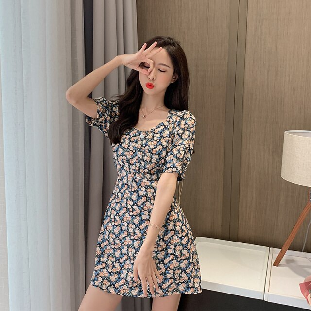New Women's Short Sleeve Dress Medium Length Fashion Sexy Printing Simple Personality Korean V-Neck Skirt Chiffon Versatile Slim