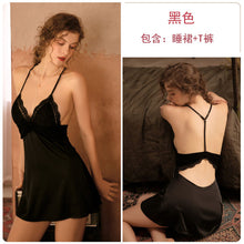 Load image into Gallery viewer, New Women sexy V-neck satin stitching lace backless sling short skirt nightgown T pants home set sleepwear nightdress M L