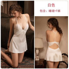 Load image into Gallery viewer, New Women sexy V-neck satin stitching lace backless sling short skirt nightgown T pants home set sleepwear nightdress M L