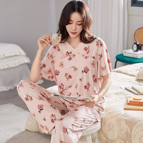 New summer ladies thin section Modal short-sleeved women's pajamas two-piece suit comfortable plus size pajama set home service