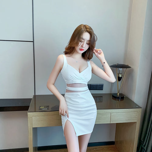 New summer women's wear high quality sexy nightclub low cut suspender skirt gauze hollow buttock party dress tight open back