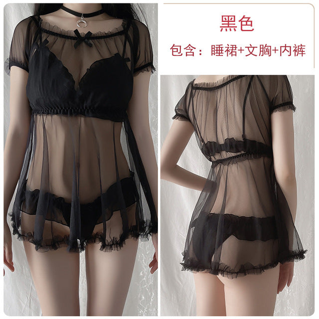 New women gauze perspective bow shoulder sexy three hot temptation set of three exotic Nightdress bras panties see through cute