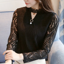 Load image into Gallery viewer, New women's openwork mesh shirt Korean fashion wild long-sleeved lace Blouse bottoming shirt