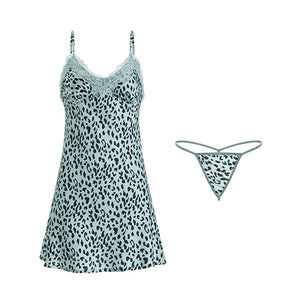 New women sexy nightdress lace satin ladies nightgown leopard suspender skirt thong V-neck sleepwear suit 1162 femme lingerie