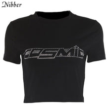 Load image into Gallery viewer, Nibber black Letter Rhinestone cotton T Shirts women summer Navel Bare Cropped Streetwear Fashion Top Tee Slim Fit Short T-shirt