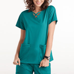 Nurse Uniform Women Solid Short Sleeve Neck Tops Working Uniform Blouse Scrubs Workwear Nursing Working T-shirts Overalls