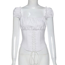Load image into Gallery viewer, Off Shoulder Fashion Lace Up Shirts Blouse Blouse Women White Crop Tops Blouses Clothes Vintage Tie Front Tops
