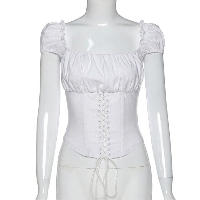 Off Shoulder Fashion Lace Up Shirts Blouse Blouse Women White Crop Tops Blouses Clothes Vintage Tie Front Tops