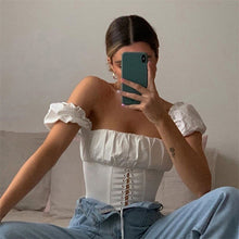 Load image into Gallery viewer, Off Shoulder Fashion Lace Up Shirts Blouse Blouse Women White Crop Tops Blouses Clothes Vintage Tie Front Tops
