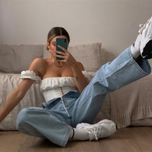 Load image into Gallery viewer, Off Shoulder Fashion Lace Up Shirts Blouse Blouse Women White Crop Tops Blouses Clothes Vintage Tie Front Tops