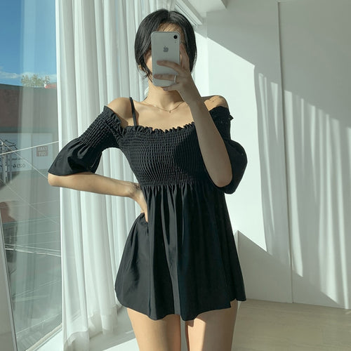 Off Shoulder One Piece Swimsuit Pleated Push Up Bathers Short Sleeve Beach Bathing Suit Sexy Solid Swimdress Women Swim Monokini