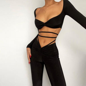 Off the Shoulder V Neck Black White Two Piece Set Women Sexy Long Sleeve Bandage Crop Top + Pants Slim Sporty Tracksuit Women