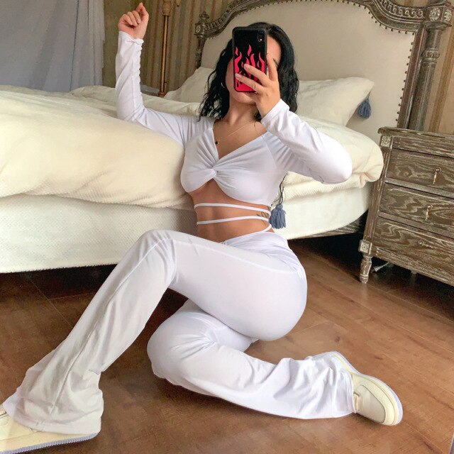 Off the Shoulder V Neck Black White Two Piece Set Women Sexy Long Sleeve Bandage Crop Top + Pants Slim Sporty Tracksuit Women