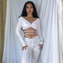 Load image into Gallery viewer, Off the Shoulder V Neck Black White Two Piece Set Women Sexy Long Sleeve Bandage Crop Top + Pants Slim Sporty Tracksuit Women