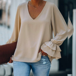 Office Lady Fashion Blouse Women Casual V Neck Ruffle Sleeve Pullover Tops Spring Summer New Vintage Solid Color Female Blouse