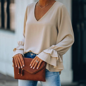 Office Lady Fashion Blouse Women Casual V Neck Ruffle Sleeve Pullover Tops Spring Summer New Vintage Solid Color Female Blouse