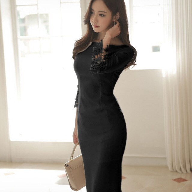 Office Lady O-Neck Solid Color Slim Bodycon Dress Fashion Temperament Mid-Length OL Work Dress 2021 Spring New Dresses Women