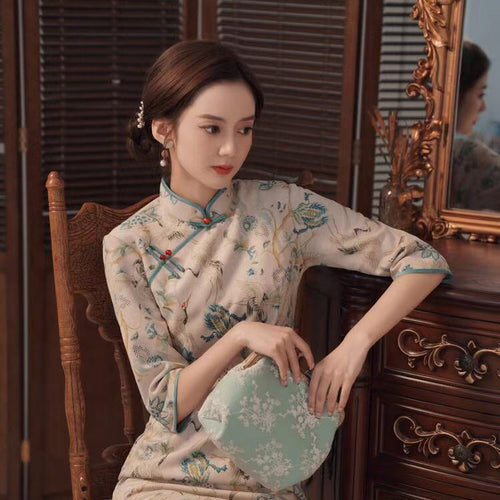 Old Shanghai Improved Cheongsam Women Chinese Qipao 2021 New Mid-sleeve Young Mid-length Dress Girl Retro Republican Style