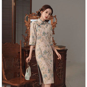 Old Shanghai Improved Cheongsam Women Chinese Qipao 2021 New Mid-sleeve Young Mid-length Dress Girl Retro Republican Style