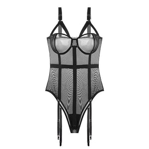 One-Piece Bodysuit Women Lingerie Summer Mesh Transparent Spaghetti Strap Shapewear Strappy Cup Push Up Underwired Lingerie