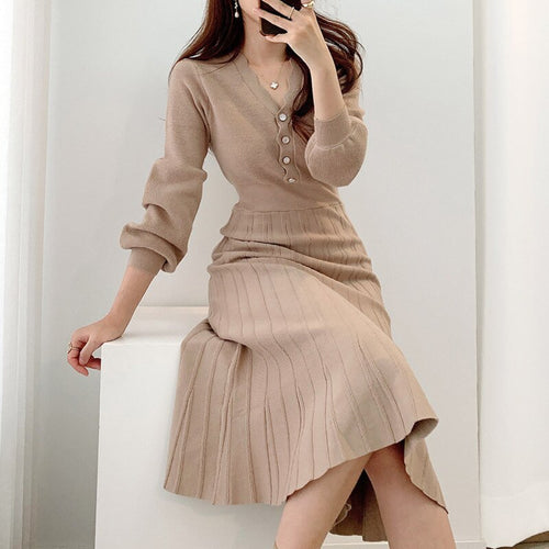 One Piece Korean Pleated Dress 2021 New Spring Long Sleeve Slim Woman Sweater Dresses Knitted Vintage Elegant Midi Party Dress