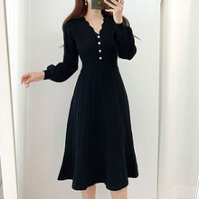 Load image into Gallery viewer, One Piece Korean Pleated Dress 2021 New Spring Long Sleeve Slim Woman Sweater Dresses Knitted Vintage Elegant Midi Party Dress