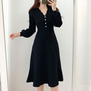 One Piece Korean Pleated Dress 2021 New Spring Long Sleeve Slim Woman Sweater Dresses Knitted Vintage Elegant Midi Party Dress