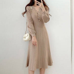 One Piece Korean Pleated Dress 2021 New Spring Long Sleeve Slim Woman Sweater Dresses Knitted Vintage Elegant Midi Party Dress