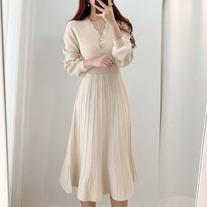 One Piece Korean Pleated Dress 2021 New Spring Long Sleeve Slim Woman Sweater Dresses Knitted Vintage Elegant Midi Party Dress