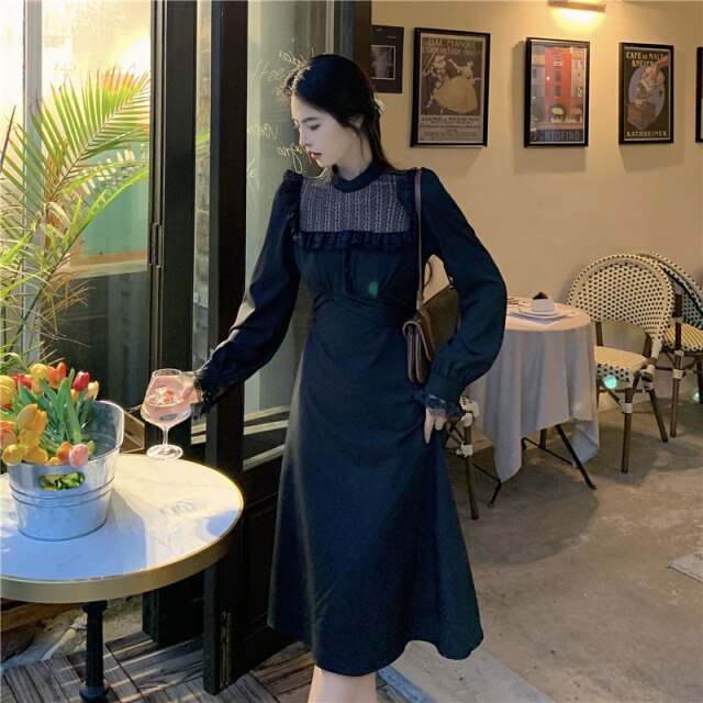 One Piece Spring Fairy Dress Women Korean Kawaii High Street Lace Patchwork Midi Dress Cute Sweet Hollow Out Party Ruffles Dress