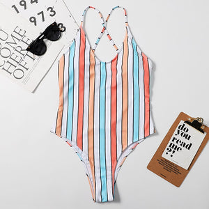One Piece Swimsuit U Neckline stripe Bikini 2021 Thin Sling Strapless Multi-color Stitching High Waist