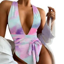 Load image into Gallery viewer, One Piece Swimsuit V-neck Color Matching Bandage Bow Backless Strapless Printing Summer Swimsuit Sports