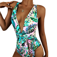 Load image into Gallery viewer, One Piece Swimsuit V-neck Color Matching Bandage Bow Backless Strapless Printing Summer Swimsuit Sports