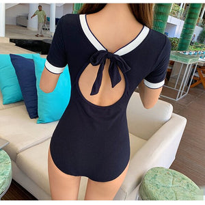 One Piece Swimsuit Women Short Sleeve Solid Swimwear Skirted Monokini Push Up Swim Suit Trikini Bathing Suit Korea Style