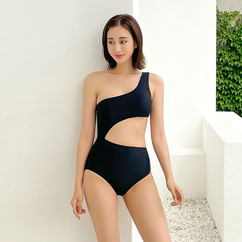 One Piece Swimsuit Women Single Shoulder Swimwear Solid Monokini Sexy Cut Out Bathing Suit Female Beachwear Korea Style