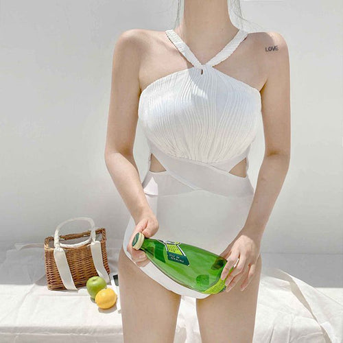 One Piece Swimsuit Women White Swimwear Cut Out Monokini Swim Suit Korea Style Bathing Suit Padded Open Back