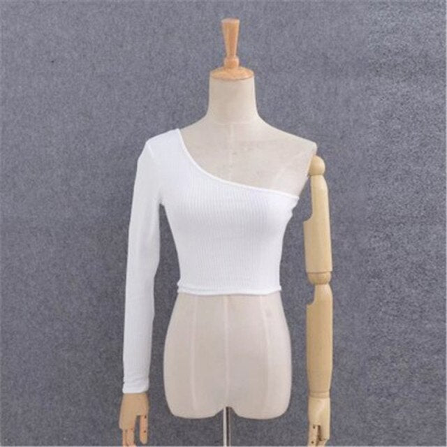One-shoulder Tank Tops for Women Street Style Fashionable Cotton Long-sleeved Short Navel Tops Solid Knitted Tops Female