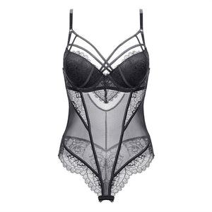 Onesies for Adults Deep V Neck Cross Sling Bodysuit Women Sleepwear Sexy Lace Patchwork Nighties Female Jumpsuit Nightwear