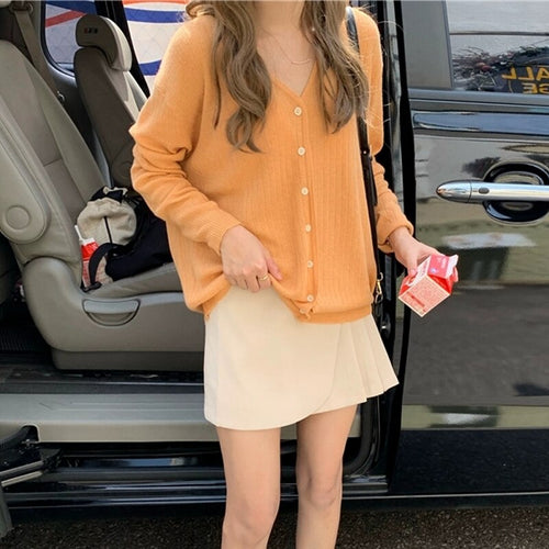 Orange Outerwear Cardigan Jacket Women's Spring 2020 Korean Style Loose Comfortable Long Sleeve Thin V-neck Knitted Top