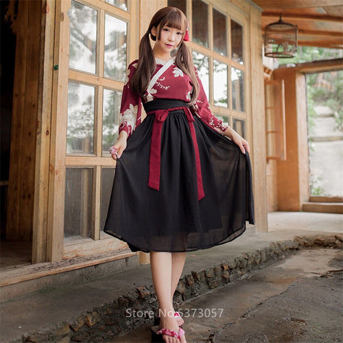 Oriental Hanfu Women Vintage Chinese Clothing Traditional Folk Dance Costume Fairy Print High Waist Sexy Dress Trumpet Sleeve