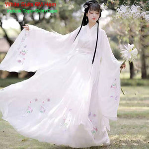 Oriental Women Hanfu Folk Dance Dress Red White Stage Performance Suits Tang Clothes V-Neck Clothes Princess Fairy Girl Fairy