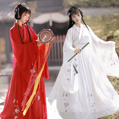 Oriental Women Hanfu Folk Dance Dress Red White Stage Performance Suits Tang Clothes V-Neck Clothes Princess Fairy Girl Fairy
