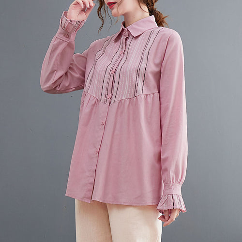 Oversize Turn Down Collar Shirt Women Vintage Blouse Printed Splicing Long Sleeves Shirt Casual Loose Tunic Tops Plus Size Femme